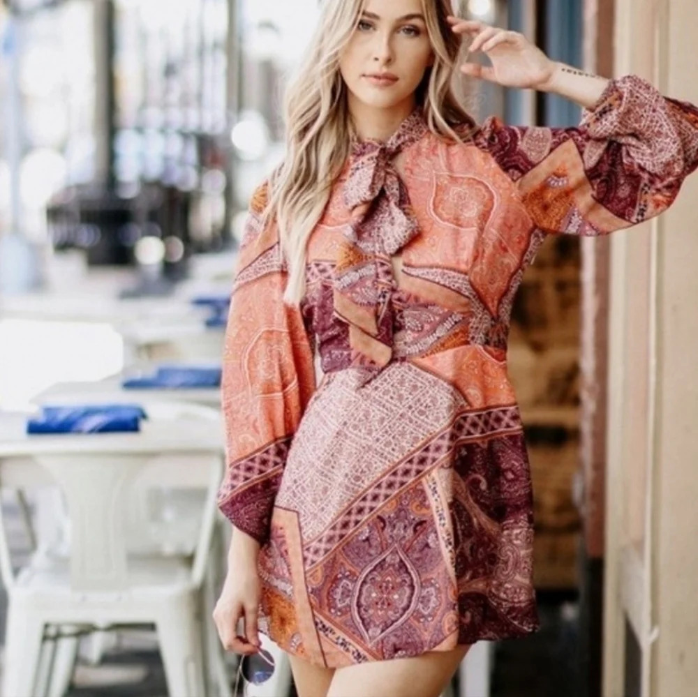 Devine heritage front bow long balloon sleeve paisley print mini dress Xsmall